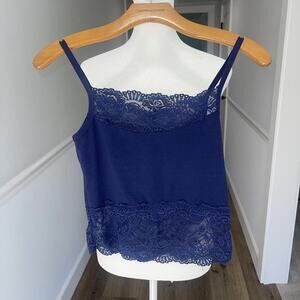 Women Medium Lace Trim Crop Tank Cami Navy Blue Y2K 90s Vintage Fitted Stretch